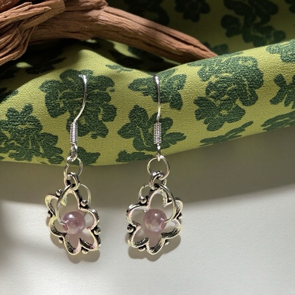 Hand Crafted Jewelry - Hand Crafted Silver Flower Drop Earrings with Pink Centers
